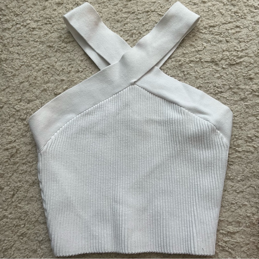 White Cross-Strap Ribbed Women's Top